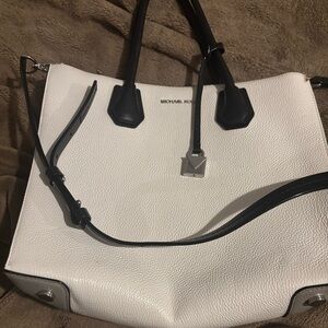 Michael Kors White Pebbled Leather Tote with Black Accents